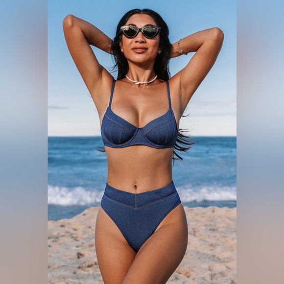 Denim Underwire Bikini Top & Cheeky Bottoms Set NWT - Picture 1 of 10